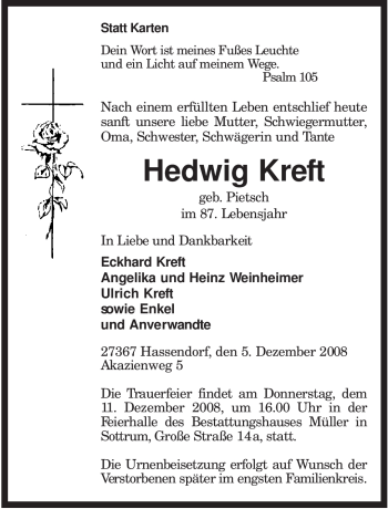 Todesanzeige von Hedwig Kreft von KREISZEITUNG SYKE