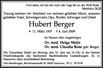 Todesanzeige von Hubert Berger von KREISZEITUNG SYKE