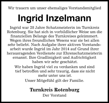 Todesanzeige von Ingrid Inzelmann von KRZ