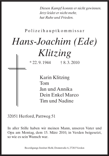 Todesanzeige von Hans-Joachim Klitzing 