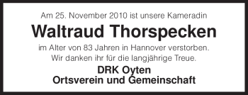 Todesanzeige von Waltraud Thorspecken von KREISZEITUNG SYKE