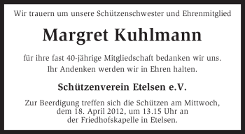 Todesanzeige von Margret Kuhlmann von KREISZEITUNG SYKE