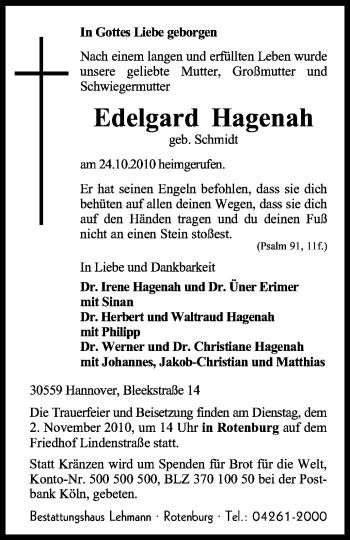 Todesanzeige von Edelgard Hagenah von KREISZEITUNG SYKE