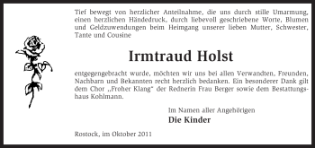 Todesanzeige von Irmgard Holst von KREISZEITUNG SYKE