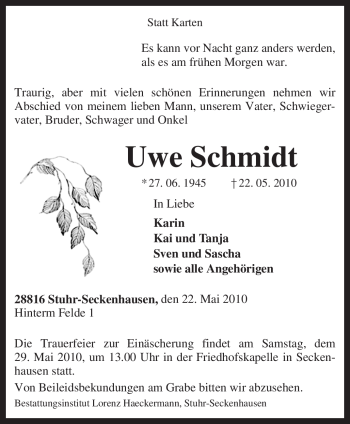 Todesanzeige von Uwe Schmidt von KREISZEITUNG SYKE