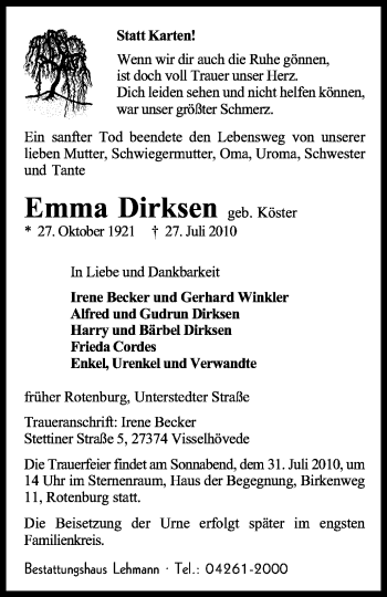 Todesanzeige von Emma Dirksen von KREISZEITUNG SYKE