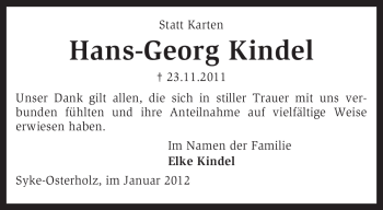 Todesanzeige von Hans-Georg Kindel von KREISZEITUNG SYKE