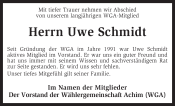 Todesanzeige von Uwe Schmidt von KREISZEITUNG SYKE