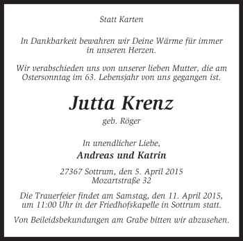 Todesanzeige von Jutta Krenz von KRZ