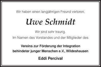 Todesanzeige von Uwe Schmidt von KREISZEITUNG SYKE