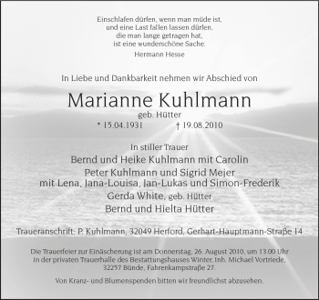 Todesanzeige von Marianne Kuhlmann 