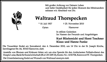 Todesanzeige von Waltraud Thorspecken von KREISZEITUNG SYKE