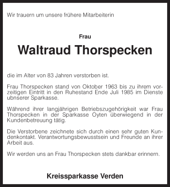 Todesanzeige von Waltraud Thorspecken von KREISZEITUNG SYKE