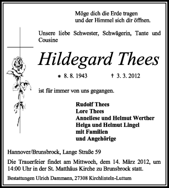 Todesanzeige von Hildegard Thees von KREISZEITUNG SYKE