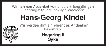 Todesanzeige von Hans-Georg Kindel von KREISZEITUNG SYKE