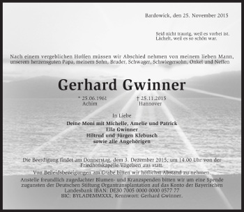 Todesanzeige von Gerhard Gwinner von KRZ