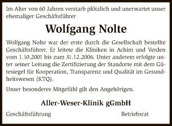 Todesanzeige von Wolfgang Nolte von SYK