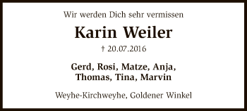 Todesanzeige von Karin Weiler von SYK