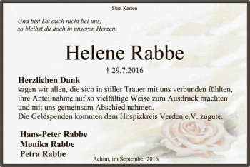 Todesanzeige von Helene Rabbe von SYK