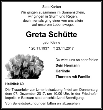 Todesanzeige von Greta Schütte von SYK