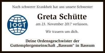 Todesanzeige von Greta Schütte von SYK