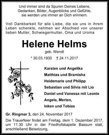 Todesanzeige von Helene Helms von SYK