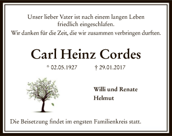 Todesanzeige von Carl Heinz Cordes von SYK