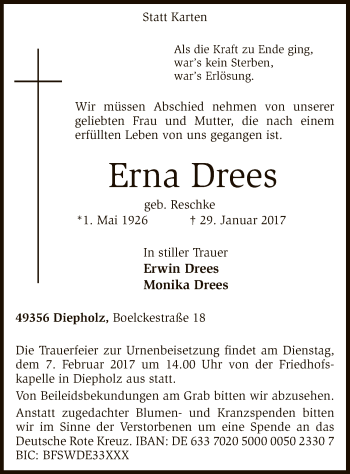 Todesanzeige von Erna Drees von SYK