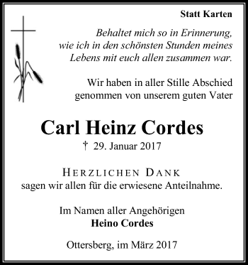 Todesanzeige von Carl Heinz Cordes von SYK