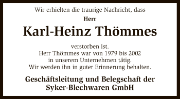 Todesanzeige von Karl-Heinz Thömmes von SYK