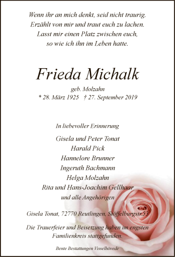 Todesanzeige von Frieda Michalk von SYK