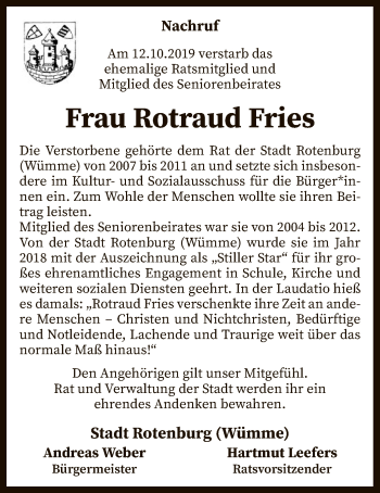 Todesanzeige von Rotraud Fries von SYK