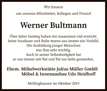 Todesanzeige von Werner Bultmann von SYK