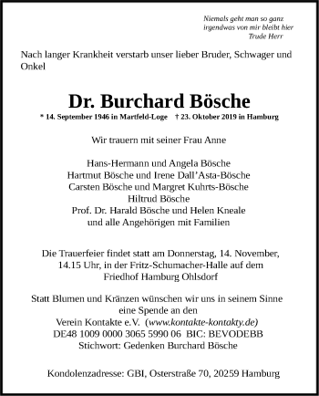 Todesanzeige von Burchard Bösche von SYK