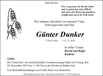 Todesanzeige von Günter Dunker von SYK