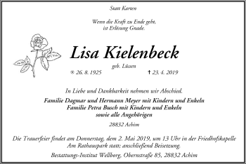 Todesanzeige von Lisa Kielenbeck von SYK