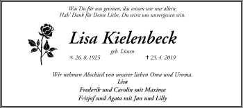 Todesanzeige von Lisa Kielenbeck von SYK