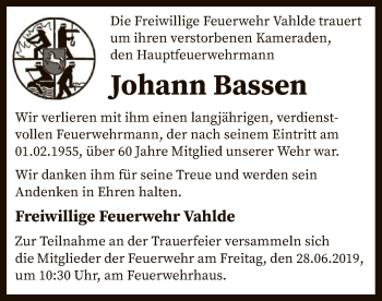 Todesanzeige von Johann Bassen von SYK