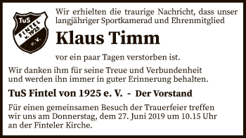 Todesanzeige von Klaus Timm von SYK