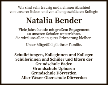 Todesanzeige von Natalia Bender von SYK