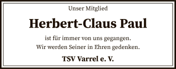 Todesanzeige von Herbert-Claus Paul von SYK