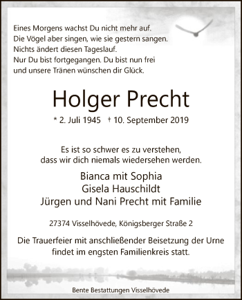 Todesanzeige von Holger Precht von SYK