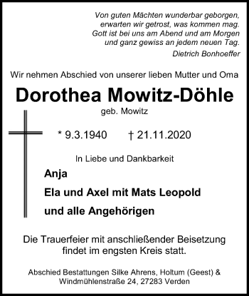 Todesanzeige von Dorothea Mowitz-Döhle von SYK