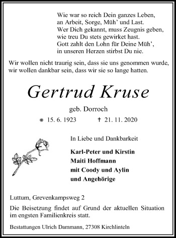 Todesanzeige von Gertrud Kruse von SYK