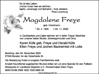 Todesanzeige von Magdalene Freye von SYK