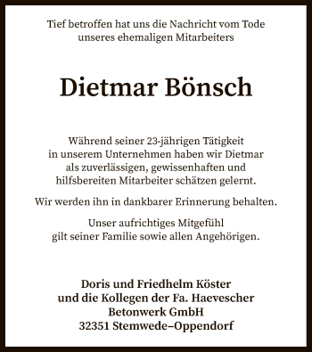 Todesanzeige von Dietmar Bönsch von SYK