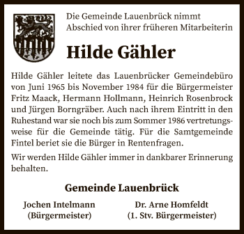 Todesanzeige von Hilde Gähler von SYK