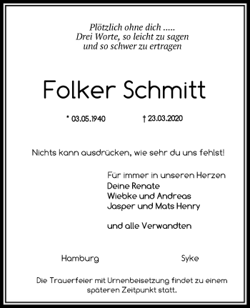 Todesanzeige von Folker Schmitt von SYK