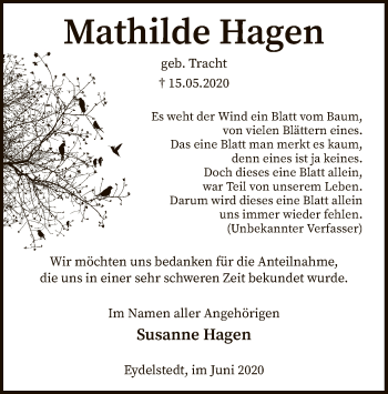 Todesanzeige von Mathilde Hagen von SYK