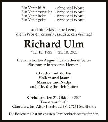 Todesanzeige von Richard Ulm von SYK